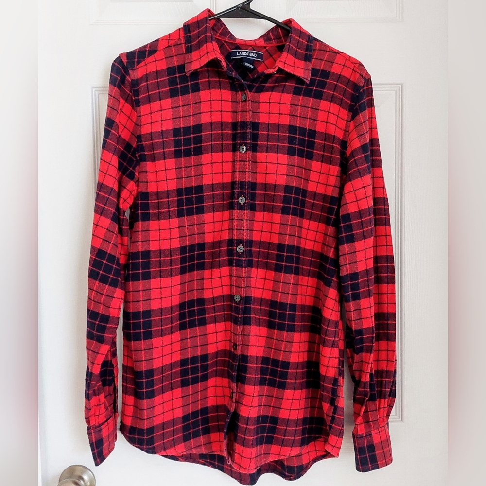 Lands' End Women's Red and Black Plaid Shirt, Tall Sized